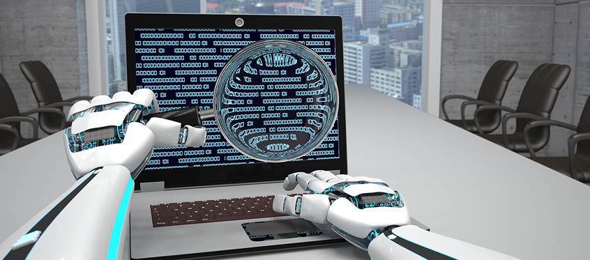 Robot Analyzing Binary Code on Laptop